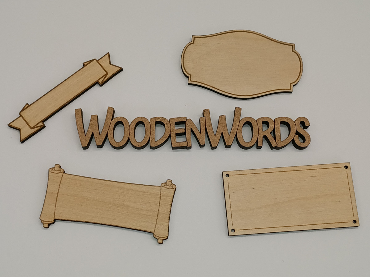 Laser-cut wooden lettering, scrolls, ribbon and plaque blanks